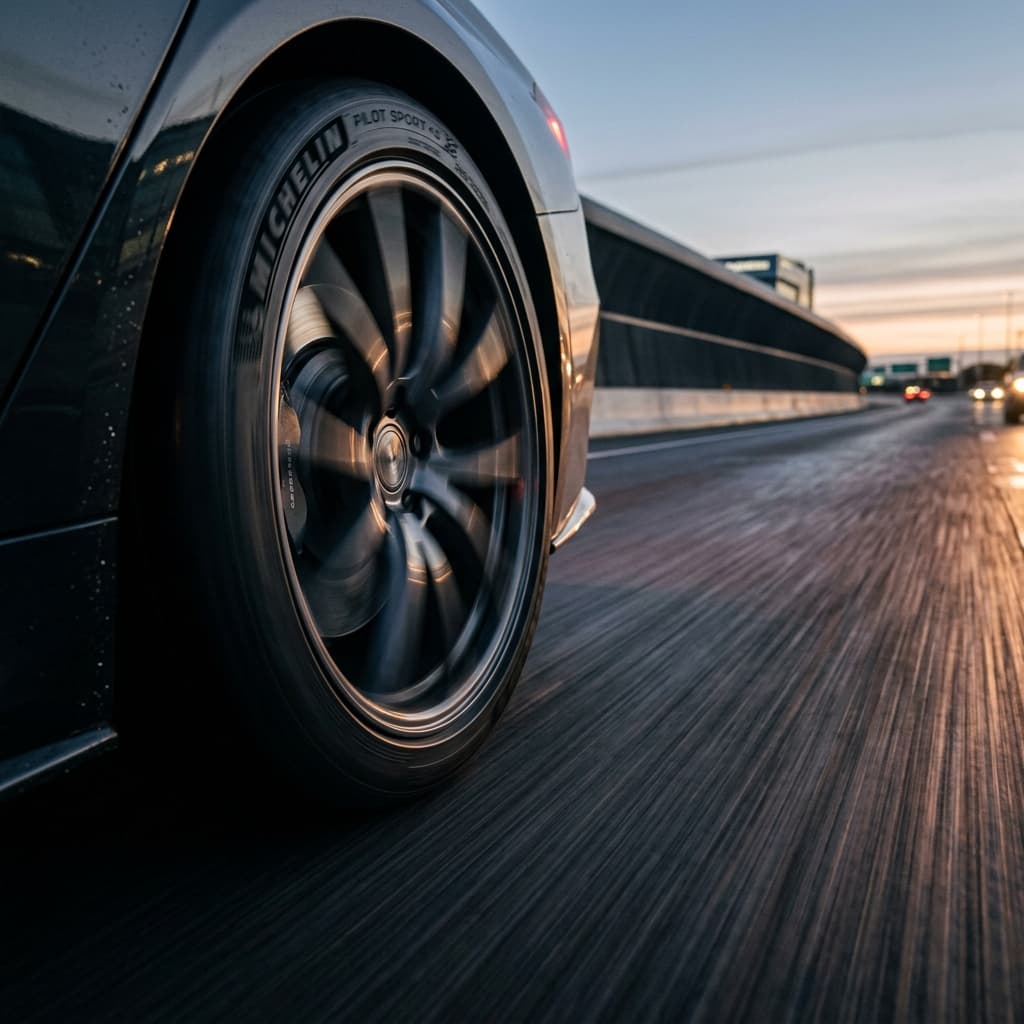 A car's wheel and tire on a highway at dusk