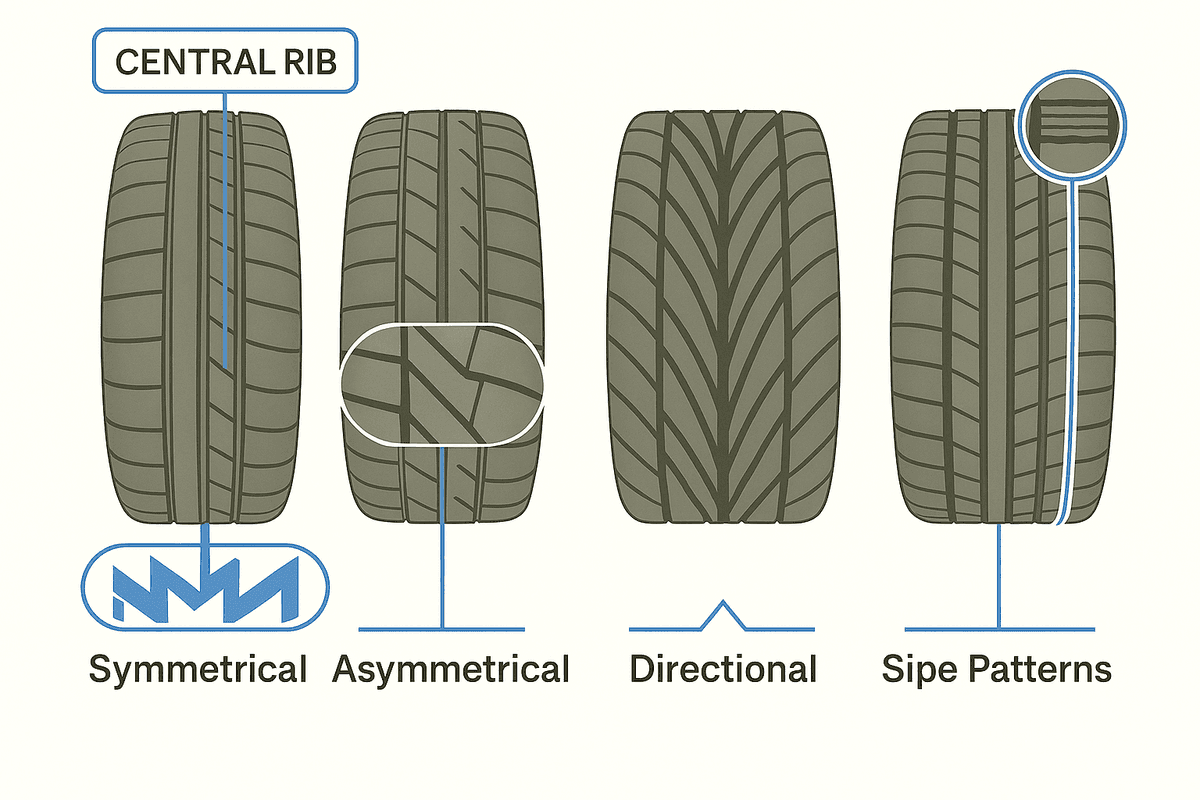 Tire Tread Pattern Comparison showing Symmetrical, Asymmetrical, Directional, and Sipe Patterns