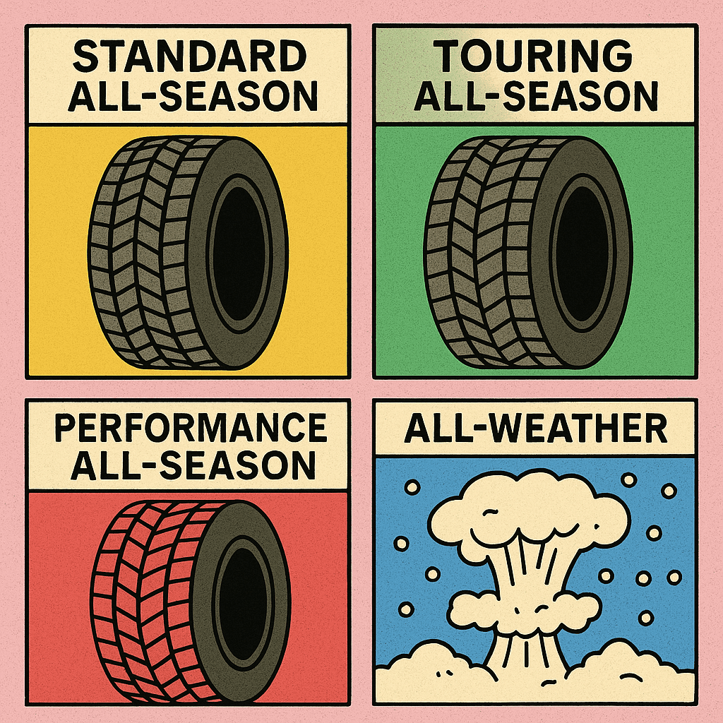 Stylized illustration of different all-season tire types