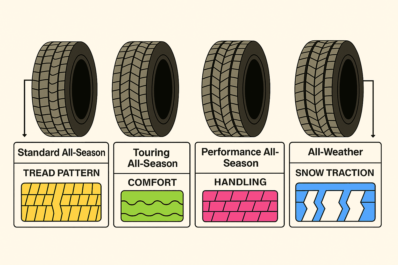 Comparison graphic showing Standard All-Season, Touring All-Season, Performance All-Season, and All-Weather tires with their key characteristics