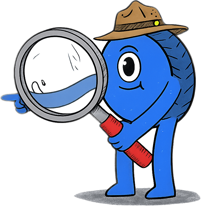 Scouter mascot with magnifying glass